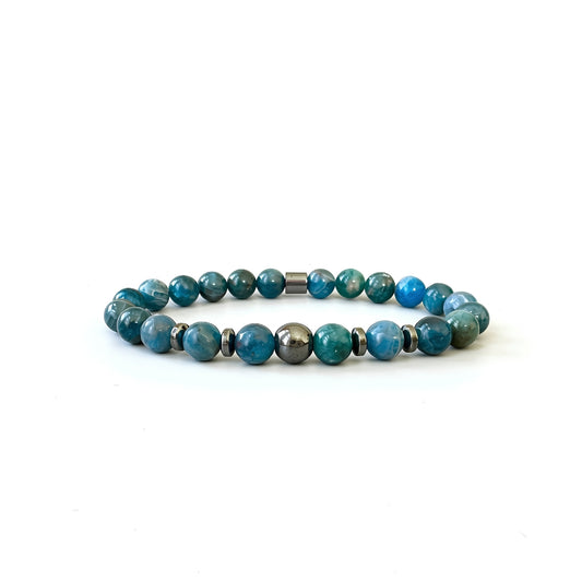 Front view of the Natural Apatite Bracelet for Him, featuring vibrant apatite beads in shades of blue and green.