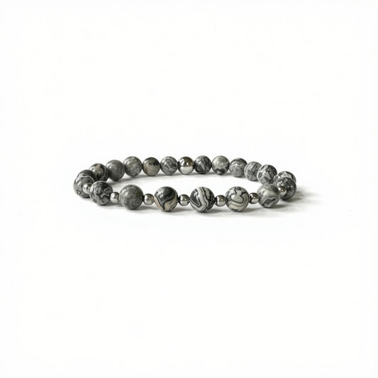 Close-up of natural Grey Jasper crystal bracelet