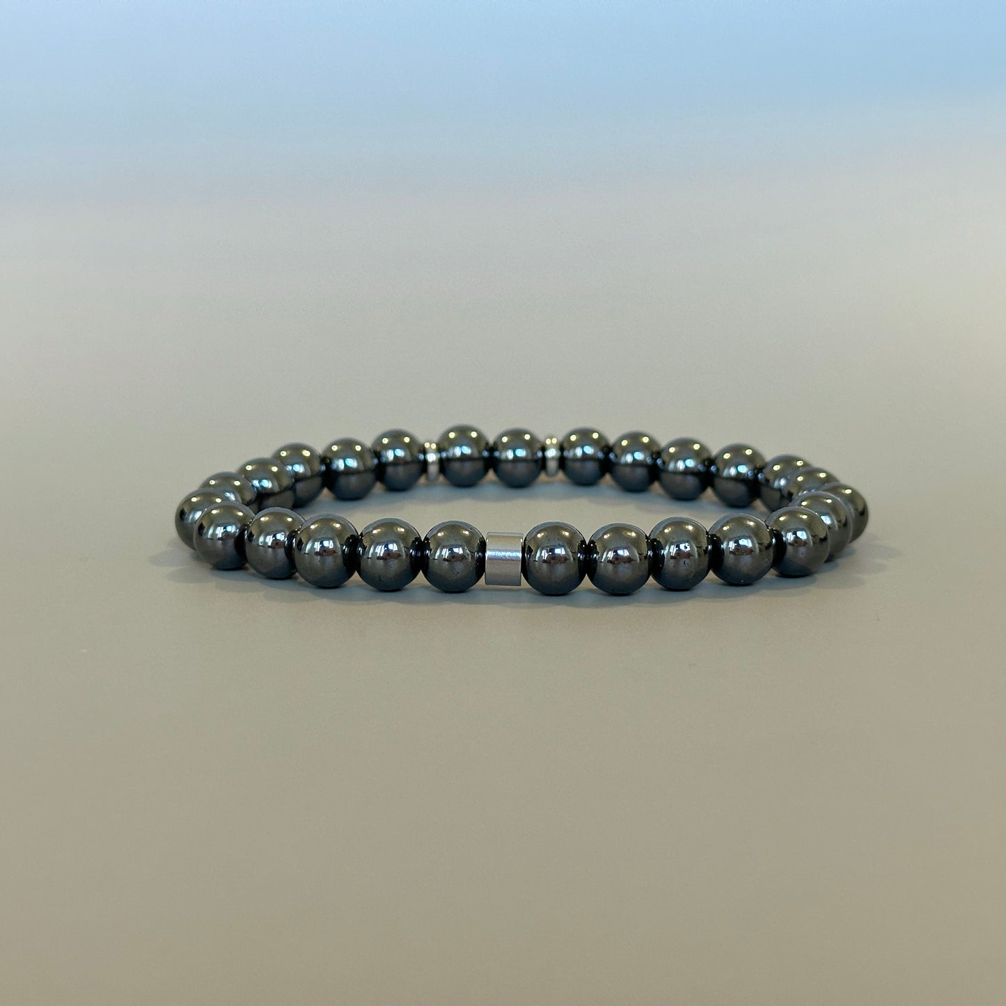 Close-up of Hematite gemstone bracelet for men
