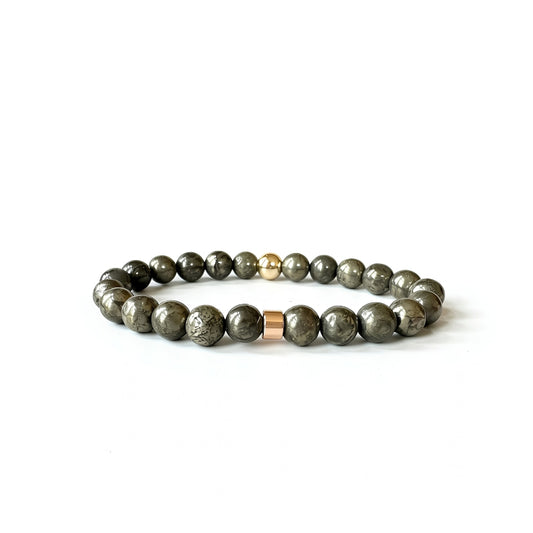 Front view of the Natural Pyrite Bracelet for Him, featuring metallic pyrite stones with a sleek design.