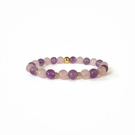 Rose Quartz and Amethyst crystal bracelet for women close up
