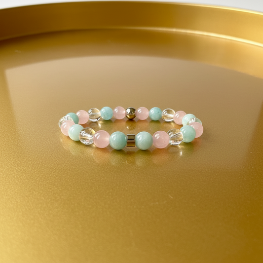 Natural Rose Quartz, Clear Quartz & Aquamarine Bracelet – Elegance & Positive Energy
