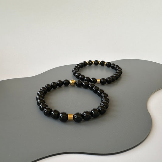 Front view of Natural Black Onyx Bracelets for Couples, showcasing the sleek black onyx stones.