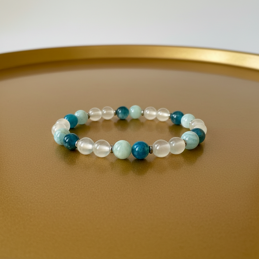 Natural Aquamarine , Apatite and White Agate Bracelet