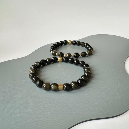 Front view of Natural Gold Obsidian Bracelets for Couples, featuring the striking dark gold obsidian stones.