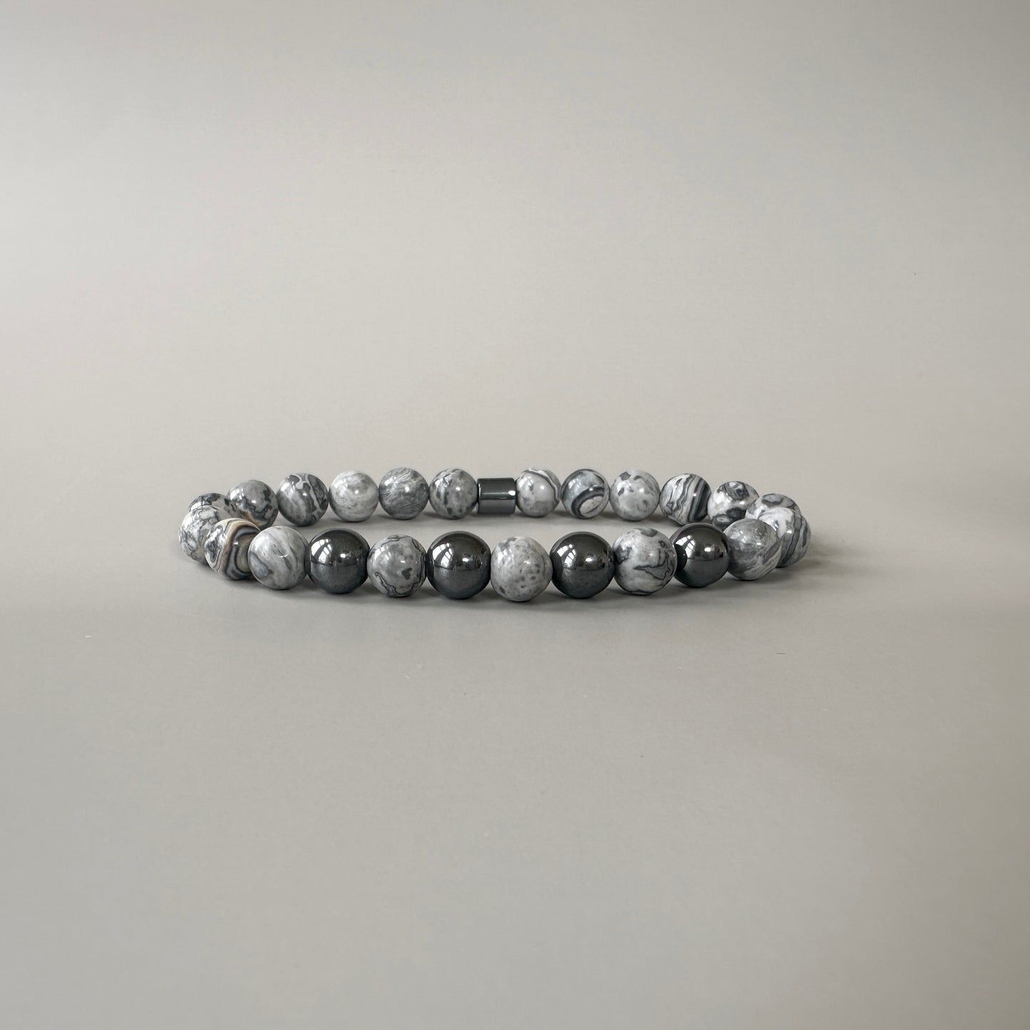 Front view of Natural Grey Jasper Bracelets for Couples, featuring unique grey and brown jasper stones.