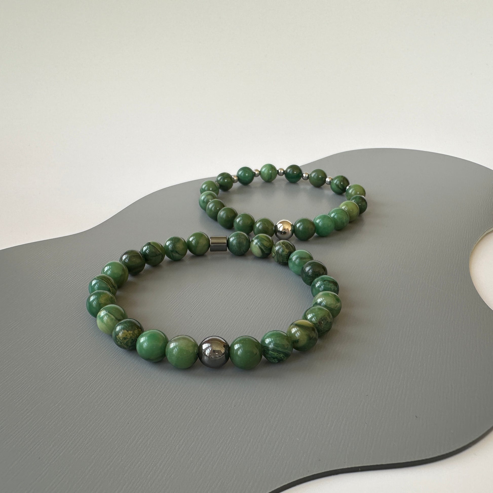 Front view of Natural Jade Bracelets for Couples, showcasing the vibrant green jade stones.