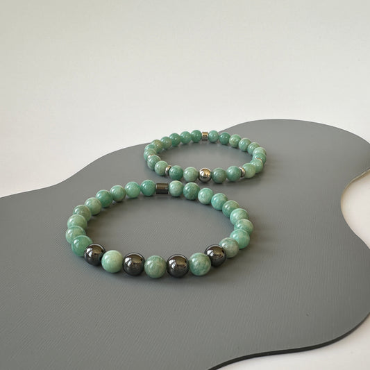 Natural Amazonite Bracelets for couples, symbolizing truth and harmony, displayed elegantly on a neutral background.