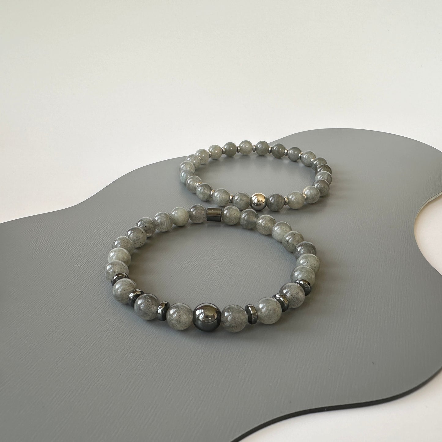 Natural Labradorite Bracelets for couples, symbolizing spiritual healing and elegance, displayed on a neutral background.