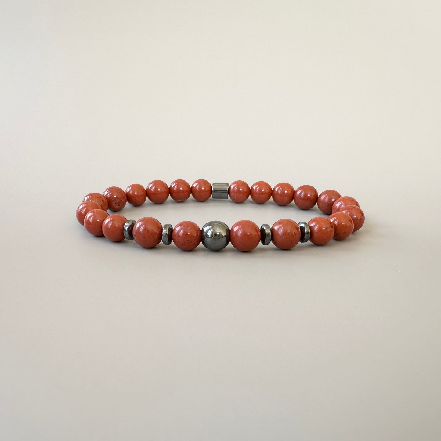 Front view of the Natural Red Jasper Bracelet for Him, featuring vibrant red jasper beads.
