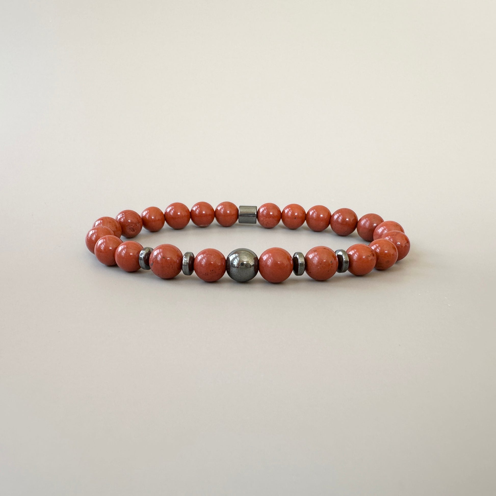 Front view of the Natural Red Jasper Bracelet for Him, featuring vibrant red jasper beads.