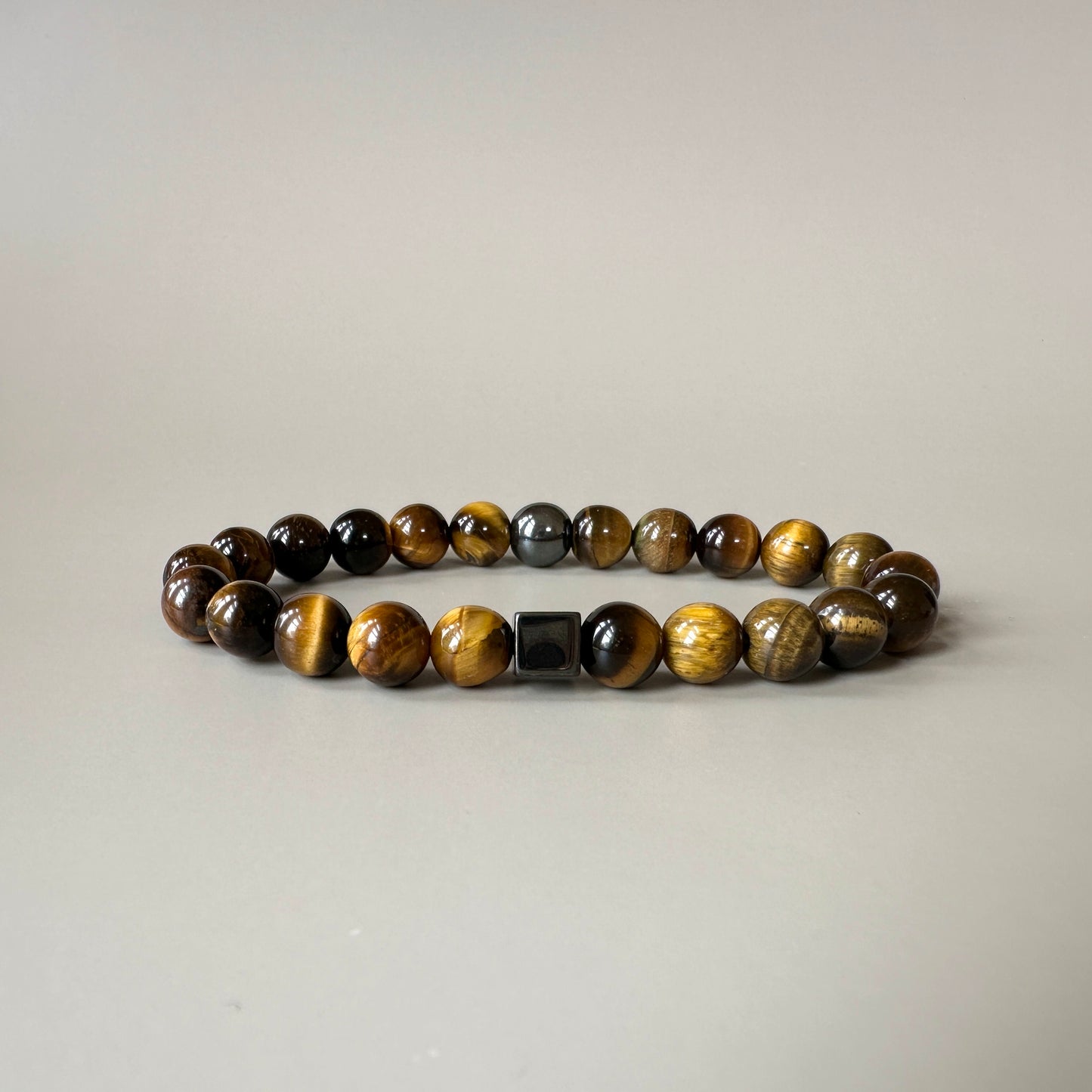 Front view of the Natural Tiger Eye Bracelet for Him, featuring bold tiger eye beads with rich golden and brown tones.