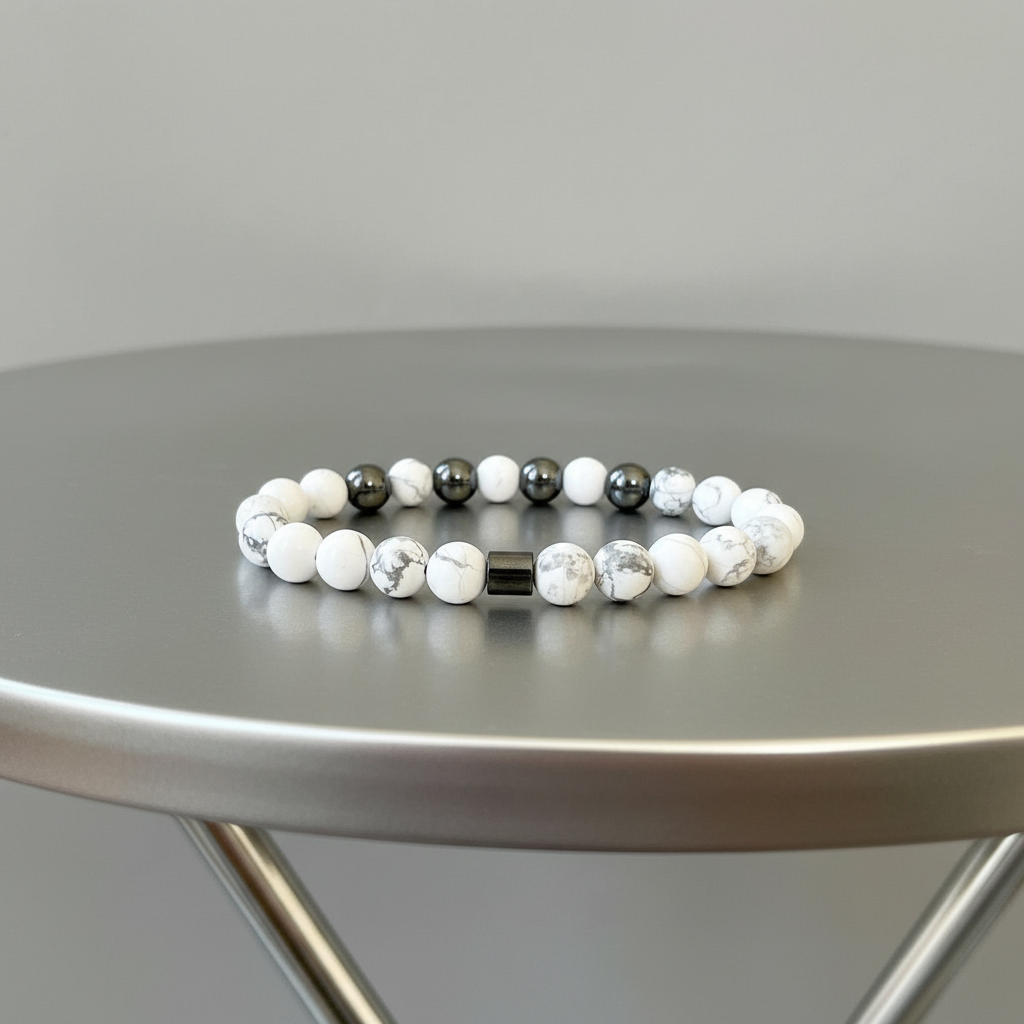 Close-up of natural Howlite gemstone bracelet with grey veining