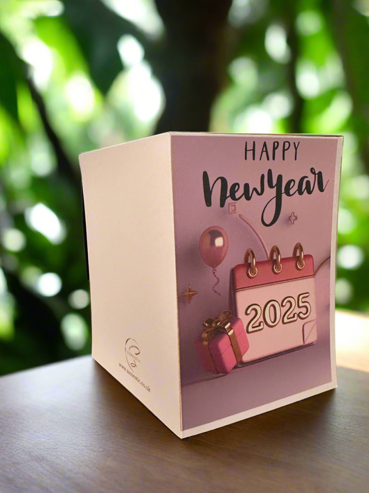 Elegant New Year card displayed with a matching envelope, ready for gifting.