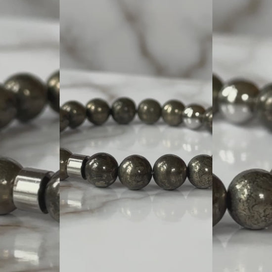 Close-up of lustrous pyrite beads on the Natural Pyrite Bracelet, showcasing their natural metallic shine.