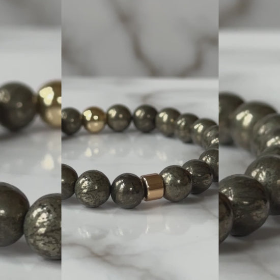Close-up of lustrous pyrite beads on the Natural Pyrite Bracelet, showcasing their natural metallic shine.
