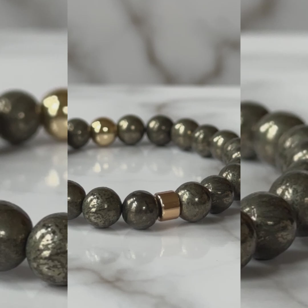 Close-up of lustrous pyrite beads on the Natural Pyrite Bracelet, showcasing their natural metallic shine.