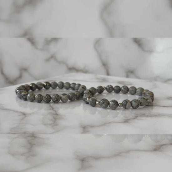 Natural Grey Jasper Bracelets for Couples displayed, emphasizing the elegant grey jasper stones and their calming appearance.