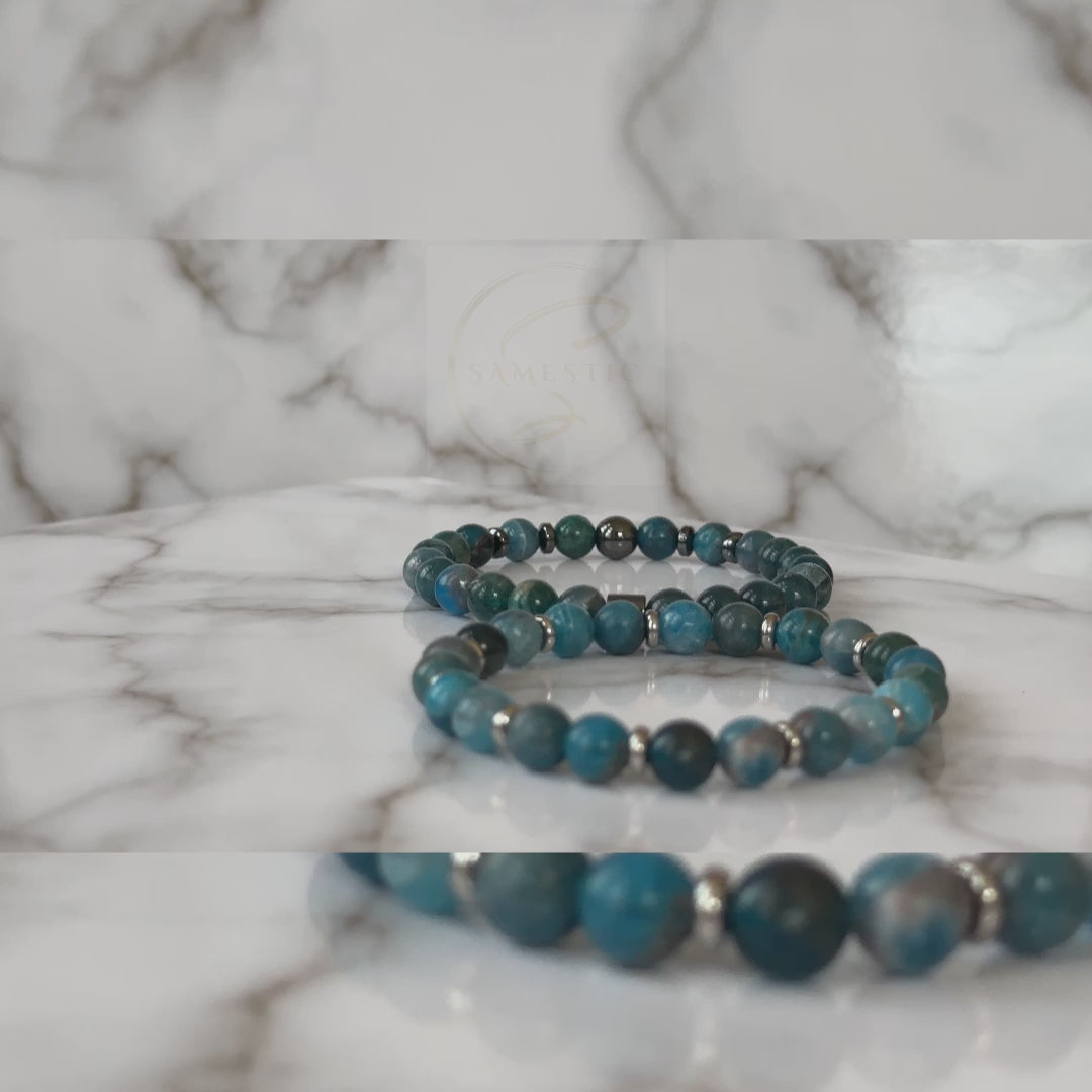 Natural Apatite Bracelets for Couples displayed, emphasizing the brilliant blue color and smooth texture of the apatite stones.