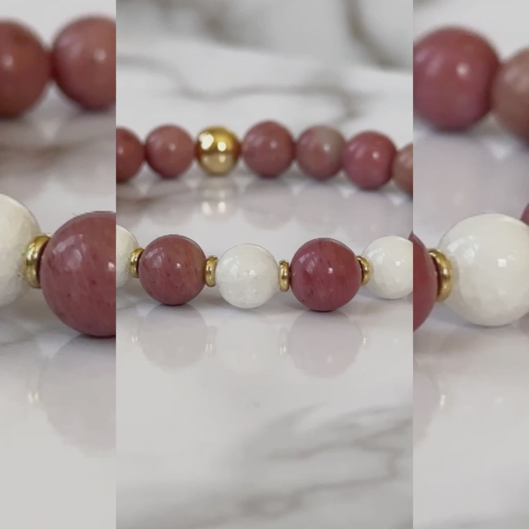 Deluxe Natural Rose Rhodonite Bracelet featuring soft pink and earthy tones, symbolizing compassion, emotional healing, and self-love.