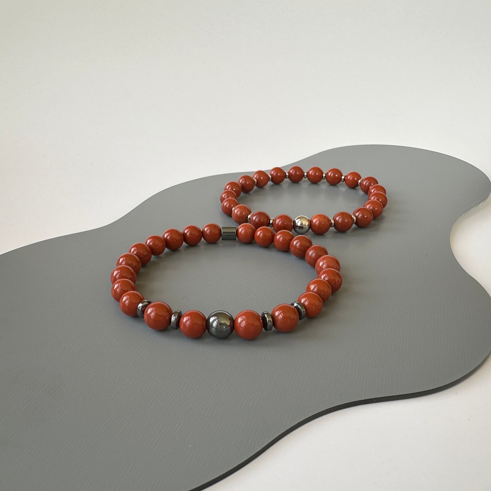 Front view of Natural Red Jasper Bracelets for Couples, featuring vibrant red jasper stones that symbolize balance and strength.